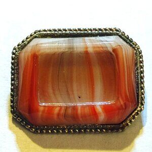 Victorian Agate Brooch Silver Tone Vintage Striped Banded Beaded Frame C Clasp